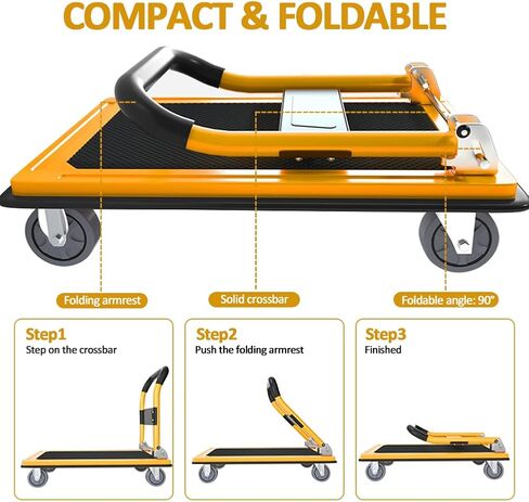 عربة دفع جروماي دوللي بسعة وزن 660 رطل، شاحنة منصة قابلة للطي، عربة مسطحة متحركة صفراء مع عجلات كتم الصوت 4 بوصة 360 درجة لنقل أثاث حديقة المرآب in Kuwait