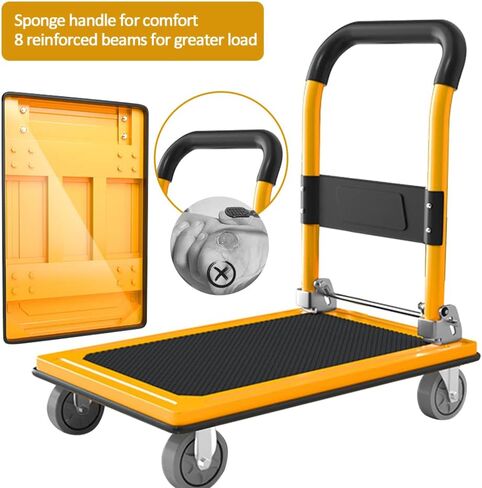 عربة دفع جروماي دوللي بسعة وزن 660 رطل، شاحنة منصة قابلة للطي، عربة مسطحة متحركة صفراء مع عجلات كتم الصوت 4 بوصة 360 درجة لنقل أثاث حديقة المرآب in Kuwait