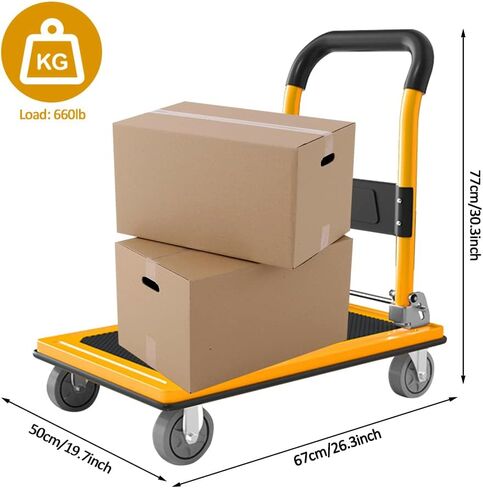 عربة دفع جروماي دوللي بسعة وزن 660 رطل، شاحنة منصة قابلة للطي، عربة مسطحة متحركة صفراء مع عجلات كتم الصوت 4 بوصة 360 درجة لنقل أثاث حديقة المرآب in Kuwait