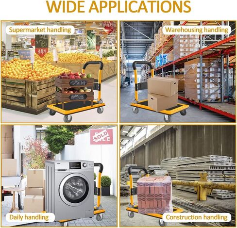 عربة دفع جروماي دوللي بسعة وزن 660 رطل، شاحنة منصة قابلة للطي، عربة مسطحة متحركة صفراء مع عجلات كتم الصوت 4 بوصة 360 درجة لنقل أثاث حديقة المرآب in Kuwait