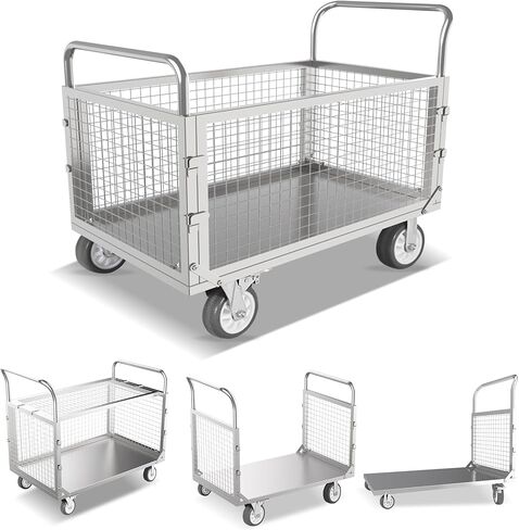 PYGHWNXH 4in1 Platform Truck Cart with Cage, Folding Flatbed Cart, Heavy Duty Push Cart Dolly 2200lbs Capacity with Swivel Wheels,Multipurpose Utility Hand Trucks Cart for Storage/Grocery/Laundry. in Saudi Arabia