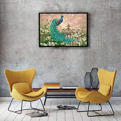طلاء ألتو كرافتو بالأرقام للبالغين، طلاء رسم يدوي الصنع مع 4 فرش طلاء ودهانات أكريليك، ديكور هدايا قماش ملفوف مقاس 40.64 سم × 50.8 سم، مشهد طبيعي لطاووس أزرق أخضر in Kuwait