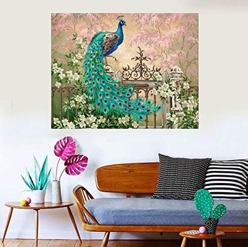 طلاء ألتو كرافتو بالأرقام للبالغين، طلاء رسم يدوي الصنع مع 4 فرش طلاء ودهانات أكريليك، ديكور هدايا قماش ملفوف مقاس 40.64 سم × 50.8 سم، مشهد طبيعي لطاووس أزرق أخضر in Kuwait
