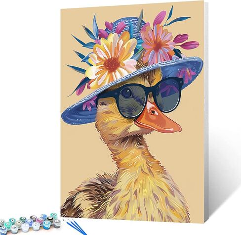 Serious Rooster Wearing Shades Straw Hat Paint by Number Funny Animal Flowers Painting DIY Painting on Canvas with Brushes Paints Paint by Numbers for Adults and Beginner 16x20 Inch（DIY Frame） in Saudi Arabia