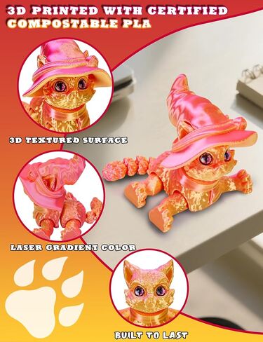 قطة ثلاثية الأبعاد مع قبعة ساحرة - الحيوانات المطبوعة ثلاثية الأبعاد المرنة ، قبعة قابلة للإزالة ، مثالية لديكور مكتب الهالوين أو الهدايا (أخضر) in Kuwait