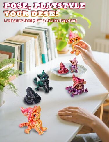 قطة ثلاثية الأبعاد مع قبعة ساحرة - الحيوانات المطبوعة ثلاثية الأبعاد المرنة ، قبعة قابلة للإزالة ، مثالية لديكور مكتب الهالوين أو الهدايا (أخضر) in Kuwait