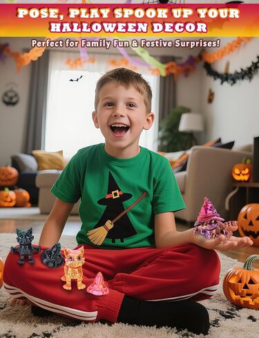 قطة ثلاثية الأبعاد مع قبعة ساحرة - الحيوانات المطبوعة ثلاثية الأبعاد المرنة ، قبعة قابلة للإزالة ، مثالية لديكور مكتب الهالوين أو الهدايا (أخضر) in Kuwait