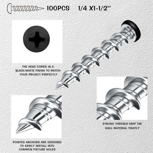 Blulu 100 pcs Drywall Anchors 1/4 x 1-1/2 Inch Black Pan Head Alloy Steel Light Wall Anchors Heavy Duty Self Drilling Screws for Drywall, Wood and Other Masonry Materials in Saudi Arabia