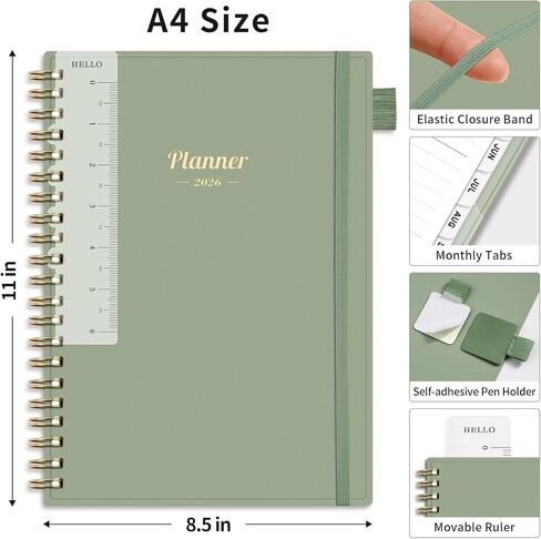 AHGXG 2026 Planner, Weekly and Monthly Planner, Large Size 8.5" x 11", 2026 Calendar, JAN 2026 - DEC 2026, Spiral Bound, Inner Pocket, Perfect for Office Home School Supplies, Sage Green in Kuwait
