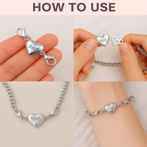 925 Sterling Silver Necklace Chain Extender with Heart Clasp Magnetic Clasp Strong Bracelet Pracelet for Women (Gold & Silver) in Kuwait