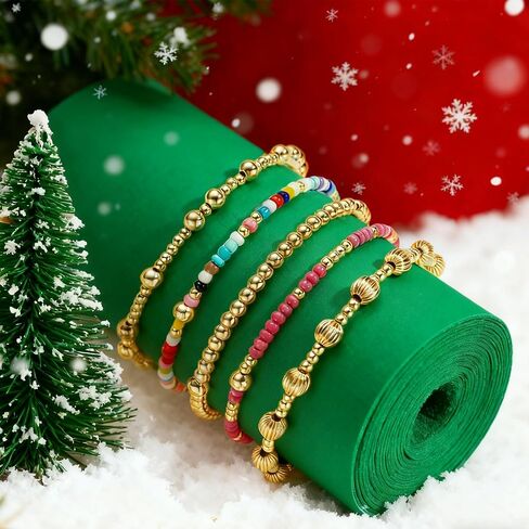 Turandoss Gold Beaded Bracelets Set for Women - 14K-Gold-Plated Dainty Turquoise Cross Round Bead Ball Simulated Pearl Bracelet for Women Heishi Clay Bracelet Simplicity Stack Bracelets Jewelry Gifts in Saudi Arabia