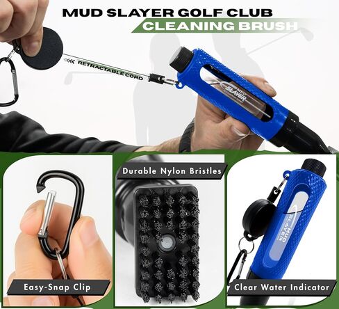 Mud Slayer Golf Club Club Brush with Fine Mist Spray ، نافذة عرض مقاومة للتسرب ومقطع قابل للسحب-رأس Bristle المزدوج ، مقبض مريح-ملحقات الجولف التي يجب أن تكون من أجل الرجال والنساء in Saudi Arabia