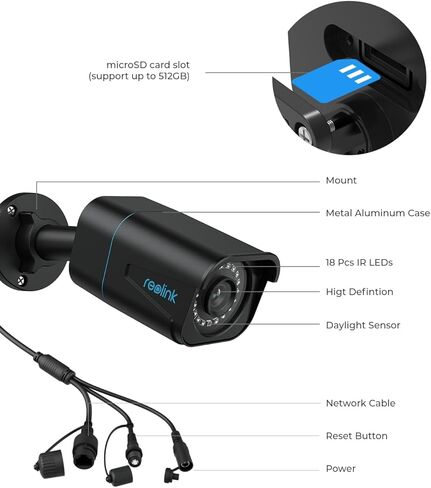 كاميرا أمان REOLINK نظام خارجي 4K، مراقبة IP PoE مع اكتشاف الإنسان/المركبة/الحيوانات الأليفة، 25 إطارًا في الثانية أثناء النهار، رؤية ليلية بالأشعة تحت الحمراء 100F، بطاقة microSD بسعة تصل إلى 256 جيجابايت، RLC-810A، تنبيه الصوت والحركة in Kuwait