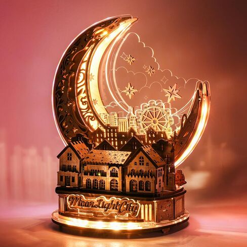 3D DIY Puzzle Moon Moon City Model - LED 3D Wood Puzzle - الألغاز الخشبية ثلاثية الأبعاد للبالغين هدايا ديكور المنزل للأطفال والبالغين ، بني in Kuwait
