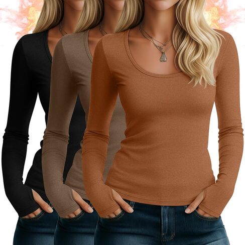 Riyiper 3 Pack Women's Thermal Long Sleeve Shirts, Fleece Scoop Neck Fitted Top Stretchy Thumb Holes Undershirt Baselayer Tee in Saudi Arabia