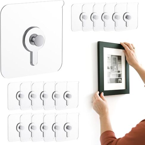 20 Pcs Adhesive Picture Hooks, 30 Ibs Load Heavy Duty Self Adhesive Wall Hooks for Hanging, Waterproof Picture Hangers Without Nails for Bathroom Kitchen, Transparent Sticky Hooks for Frames in Kuwait
