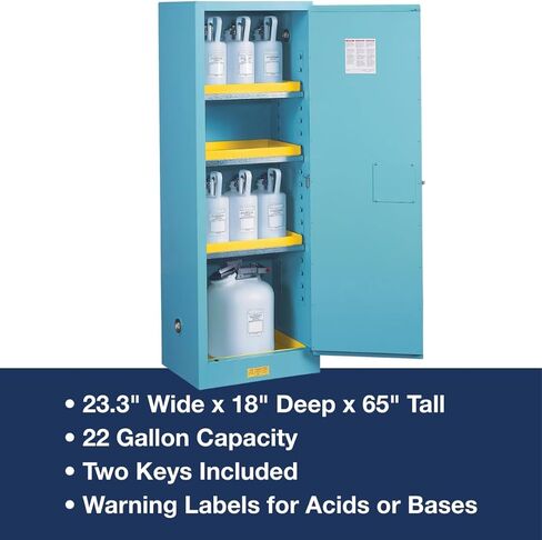 Justrite Galvanized Steel 1 Door Manual Compac Corrosives Safety Storage Cabinet, 12 Gallon Capacity, 23-1/4" Width x 35" Height x 18" Depth, 1 Adjustable Shelfs, Made in The USA, Blue, 891202 in Saudi Arabia