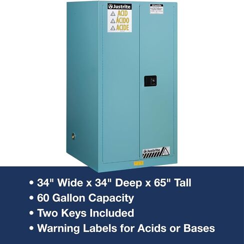 Justrite Galvanized Steel 1 Door Manual Compac Corrosives Safety Storage Cabinet, 12 Gallon Capacity, 23-1/4" Width x 35" Height x 18" Depth, 1 Adjustable Shelfs, Made in The USA, Blue, 891202 in Saudi Arabia