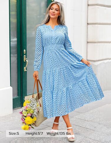 Zesica للسيدات 2025 خريف الأكمام الطويلة Maxi Dress V v Neck Hollow Out Eyelet A LING LING SPIRY DASALY Party Dresses in Saudi Arabia