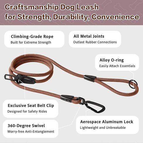 CLEPAWS Rope Dog Leash 6 FT, 2-in-1 Heavy Duty Dog Leash with Seat Belt Buckle, Tangle Free 360° Swivel Aviation Aluminum Carabiner, All Metal Hardware, Alloy O-Ring (Nightfall) in Saudi Arabia