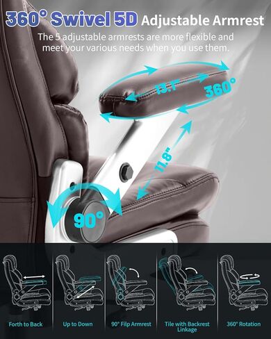 كرسي المكتب الكبير والطويل 600 رطل- كرسي كمبيوتر تنفيذي عالي الظهر للأشخاص الثقيلين الذين لديهم دعم قطني قابل للتعديل وعجلات هادئة- كرسي مكتب كبير للمكتب المنزلي (براون) in Kuwait