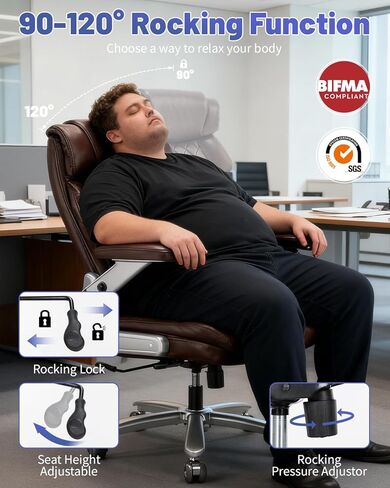كرسي المكتب الكبير والطويل 600 رطل- كرسي كمبيوتر تنفيذي عالي الظهر للأشخاص الثقيلين الذين لديهم دعم قطني قابل للتعديل وعجلات هادئة- كرسي مكتب كبير للمكتب المنزلي (براون) in Kuwait