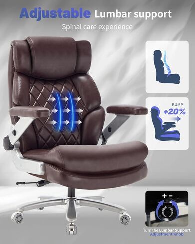 كرسي المكتب الكبير والطويل 600 رطل- كرسي كمبيوتر تنفيذي عالي الظهر للأشخاص الثقيلين الذين لديهم دعم قطني قابل للتعديل وعجلات هادئة- كرسي مكتب كبير للمكتب المنزلي (براون) in Kuwait