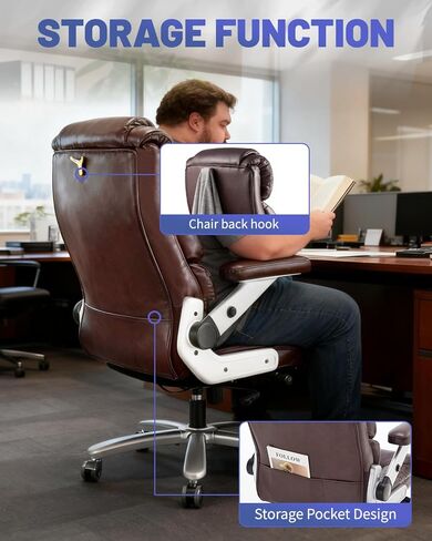 كرسي المكتب الكبير والطويل 600 رطل- كرسي كمبيوتر تنفيذي عالي الظهر للأشخاص الثقيلين الذين لديهم دعم قطني قابل للتعديل وعجلات هادئة- كرسي مكتب كبير للمكتب المنزلي (براون) in Kuwait