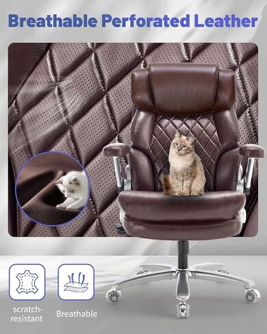 كرسي المكتب الكبير والطويل 600 رطل- كرسي كمبيوتر تنفيذي عالي الظهر للأشخاص الثقيلين الذين لديهم دعم قطني قابل للتعديل وعجلات هادئة- كرسي مكتب كبير للمكتب المنزلي (براون) in Kuwait