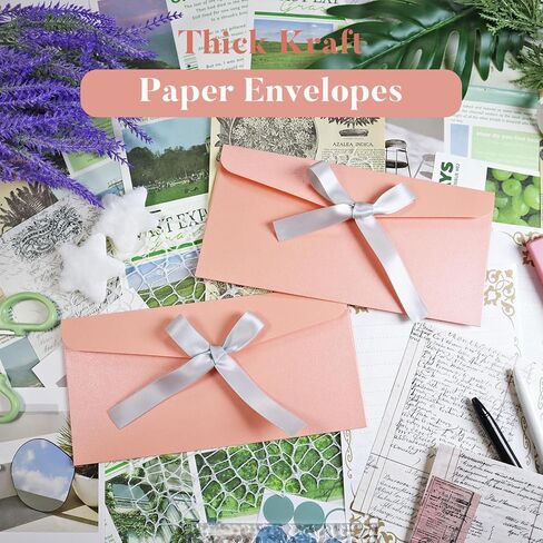 10 Pieces Ribbon Bow Kraft Paper Envelopes, Thick Pearlescent Color Envelope for Greeting Cards, Festival Supplies, Birthday Party Wedding Invitations, Red in Kuwait