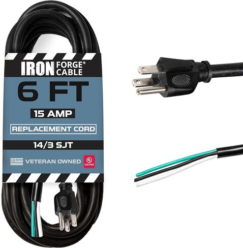 كابل الحديد Forge 10 Gauge Power Cord - 15 قدمًا ، 15 أمبير أسود للخدمة الثقيلة ، 12/3 SJT 3 Prong Cable - للأجهزة وأدوات الطاقة ، NEMA 5-15p in Kuwait