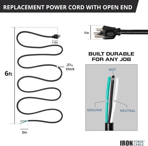 كابل الحديد Forge 10 Gauge Power Cord - 15 قدمًا ، 15 أمبير أسود للخدمة الثقيلة ، 12/3 SJT 3 Prong Cable - للأجهزة وأدوات الطاقة ، NEMA 5-15p in Kuwait