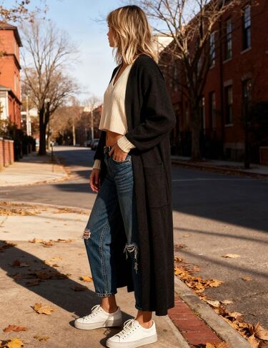 Hooever للسيدات المفتوحة الأمامية متماسكة كارديجان طويلة طية طية صدرية سترة سترة فضفاضة سترة الخارج in Kuwait