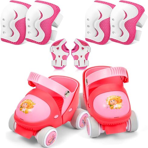 4 Pairs Toddlers Adjustable Quad Roller Skates and Protective Elbow Pads Knee Pads Wrist Guards Set Kids Beginner Skates Shoes with Wheels Lock for Age 2-6 Baby Children Boys Girls, Blue in Saudi Arabia