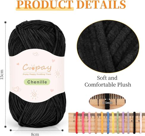 Coopay Skinny Chenille Yarn for Crocheting and Knitting, 12 Pack of 50g/1.76oz - 1764yd Total, Soft Fluffy Crochet Yarn of Baby Weights - Suitable for Baby Blankets, Plush Toys - Super Soft(12 Colors) in Saudi Arabia