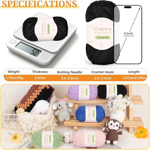 Coopay Skinny Chenille Yarn for Crocheting and Knitting, 12 Pack of 50g/1.76oz - 1764yd Total, Soft Fluffy Crochet Yarn of Baby Weights - Suitable for Baby Blankets, Plush Toys - Super Soft(12 Colors) in Saudi Arabia