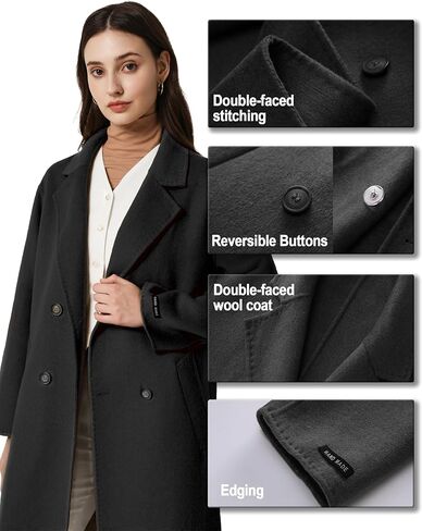 Women's Pea Coat Double Sided Wool Blended Notch Lapel Double Breasted Overcoat Long Trench Jacket for fall Autumn/Winter in Saudi Arabia