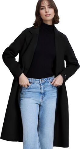 Women's Pea Coat Double Sided Wool Blended Notch Lapel Double Breasted Overcoat Long Trench Jacket for fall Autumn/Winter in Saudi Arabia