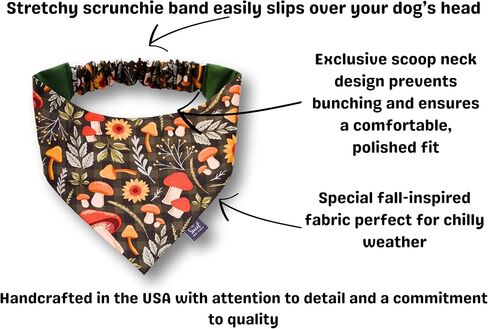 Fall Scrunchie Dog Bandana, Handmade Halloween, Thanksgiving, Harvest Pet Neckerchief, Dog & Cat Accessory, Perfect Autumn Photo Prop, Gift for Dog (Mushrooms and Sunflowers, Large) in Kuwait