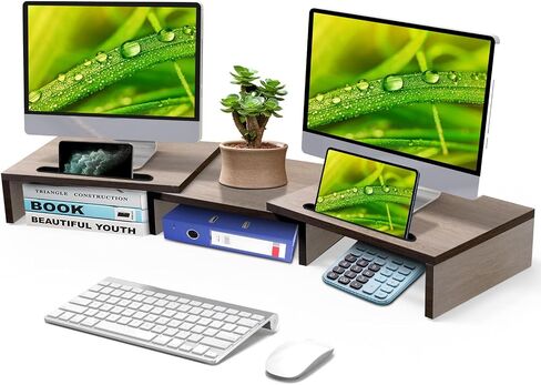 ZyfaB Desk Dual Monitor Stand Riser ، حامل كمبيوتر لرفوف مكتب مراقبة المكتب لرصد شاشة الخشب الكبيرة مع الطول والزاوية القابلة للتعديل والبني in Saudi Arabia
