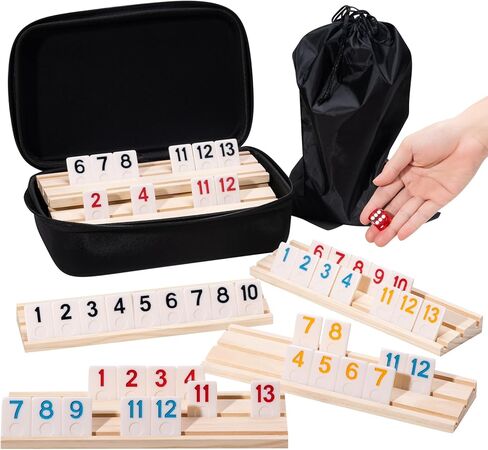 Rummy Cube Game Set, 106 Rummy Tiles with 4 Wooden Racks/Trays, Portable Carrying Case, Classic Family Board Game for Travel and Fun Gatherings in Kuwait