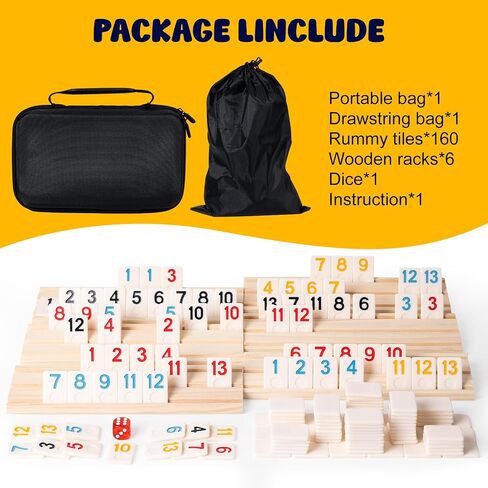 Rummy Cube Game Set, 106 Rummy Tiles with 4 Wooden Racks/Trays, Portable Carrying Case, Classic Family Board Game for Travel and Fun Gatherings in Kuwait