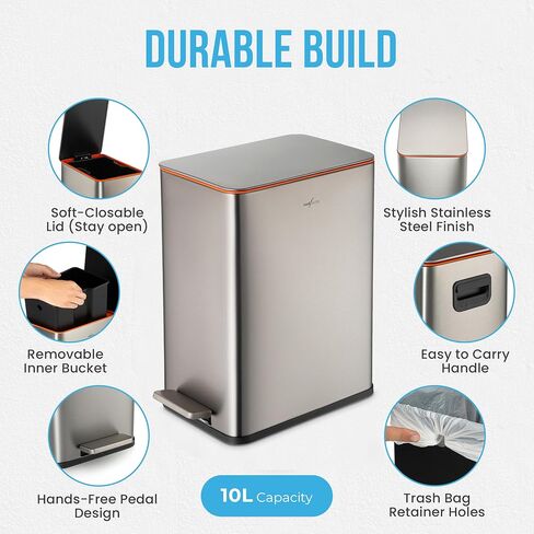 RedFactor Slim 2.6 Gallon Stainless Steel Pedal Trash Can with Soft Close Lid for Narrow Spaces – Wastebasket Bin with Removable Inner Bucket for Bathroom, Kitchen, Bedroom or Office (Copper) in Saudi Arabia