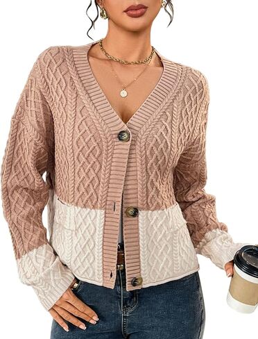 BB&KK Cardigan Sweaters for Women Color Block Button Up 2025 Fall Long Sleeve Chunky Knit Open Front Cropped Sweater Outfits in Saudi Arabia