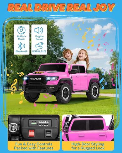enyopro 24v ry on toys for big kids ، RAM 1500 Rho 2 ateater stidlers ركوب على السيارة مع التحكم عن بُعد ، سيارة كهربائية مع تخزين سرير الشاحنة ، الباب الخلفي الحقيقي ، الموسيقى ، مصابيح LED (أسود - باب مرتفع) in Kuwait