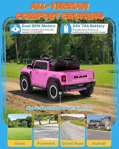 enyopro 24v ry on toys for big kids ، RAM 1500 Rho 2 ateater stidlers ركوب على السيارة مع التحكم عن بُعد ، سيارة كهربائية مع تخزين سرير الشاحنة ، الباب الخلفي الحقيقي ، الموسيقى ، مصابيح LED (أسود - باب مرتفع) in Kuwait