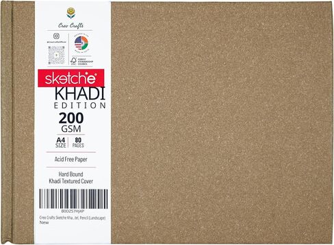 Creo Crafts A5 Square Hardcover Sketchbook – 40 Sheets / 80 Pages, 200 GSM Acid-Free Cartridge Paper – Ideal for Watercolor, Acrylic, Markers, Ink, Oil Pastels & Pencils – Khadi Cover in Kuwait