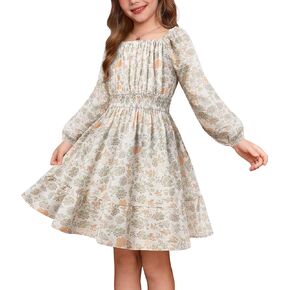 GRACE KARIN Girls Fall Dress Floral Long Sleeve Midi with Smocked Waist for Holiday Party 6-14Y in Kuwait