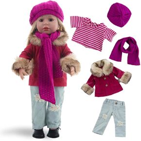 مجموعة ملابس الدمية مجموعة 5-PC الموضة الخردل مجموعة معطف الشتاء تشمل معطف دافئ ، قميص ، جينز ، قبعة متماسكة صفراء ووشاح متماسكة ، ملابس ملابس غير رسمية تناسب 18 بوصة دمى الفتيات الأمريكيات in Kuwait