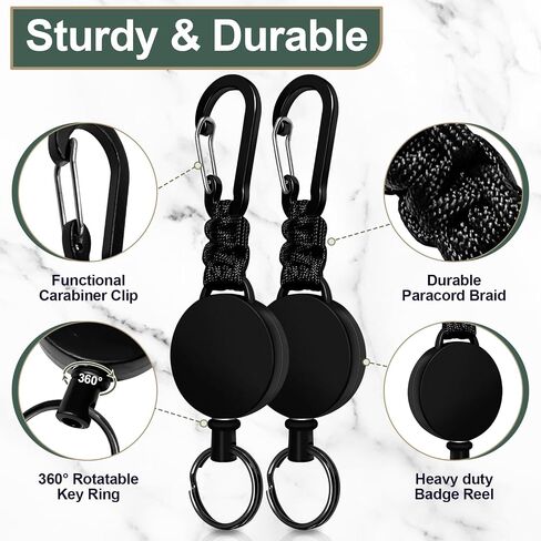 Retractable Keychain 2 Pack Heavy Duty Carabiner Badge Holder, Tactical ID Badge Reel Retractable Key Ring with 60 cm Steel Extendable Cord and Paracord (Black + Green) in Saudi Arabia